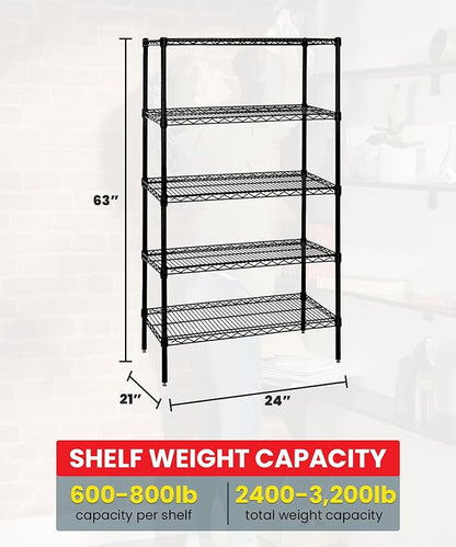 Quantum Storage Systems WR63-2124BK-5 Wire Shelving Starter Kit, 24" W x 21" D x 63" H, 600 lbs Capacity, Carbon Steel, Epoxy Coated, Black, NSF