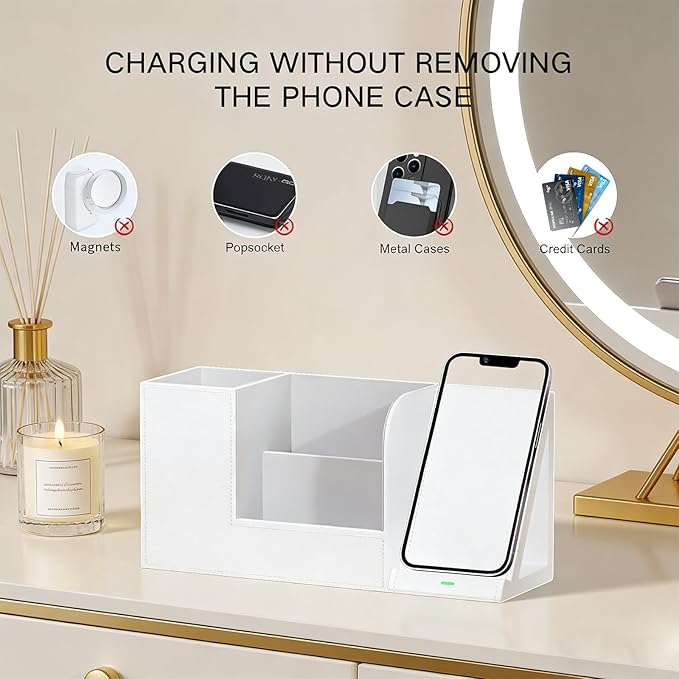 LADSTAG Makeup Brush Holder Organizer with Phone Charging Stand Leather Cosmetic Cup for Perfume, Nail Polish, Lipstick & Art Supplies | Vanity, Bathroom & Desktop Organizer