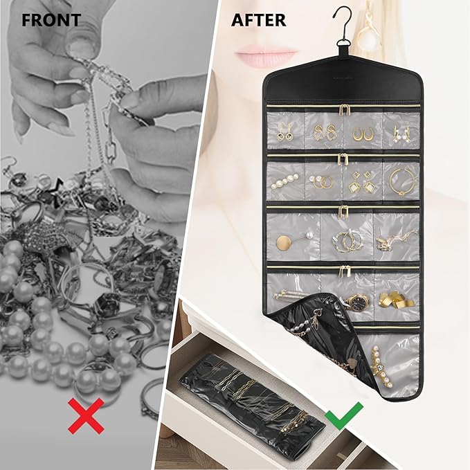 CHICECO Travel Jewelry Holder Organizer,Hanging Jewelry Organizer Storage with Zippered Pockets for Cloest,Jewelry Holder for Earrings, Necklaces (Grey Black)