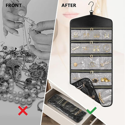 CHICECO Travel Jewelry Holder Organizer,Hanging Jewelry Organizer Storage with Zippered Pockets for Cloest,Jewelry Holder for Earrings, Necklaces (Grey Black)