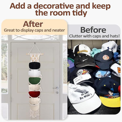 SelfTek 1 Pack Hat Organizer for Baseball Ca-ps, Macrame Hat Holder For Wall, Hat Racks for Wall Door, Boho Hat Hanger Decorative Hat Storage for Baseball C-aps [ Up to 12 C-aps ]