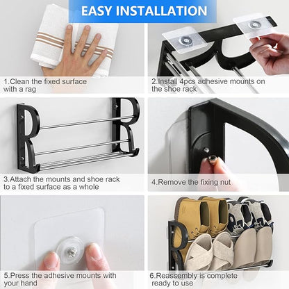 Hanging Shoe Rack 2 Pack, Wall Mount Shoe Rack with Sticky Hanging Mounts, Wall Shoes Holder Storage Organizer Shelf Shoe Holder for Wall Camper and RV Shoes Storage with Hooks No Drilling