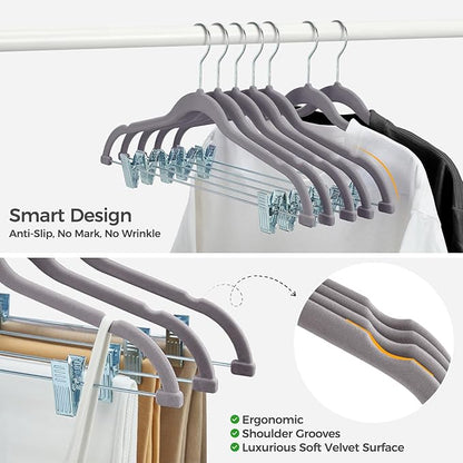 HOUSE DAY Velvet Hangers with Adjustable Clips 30 Pack, Non-Slip Suit Organizer with 360° Hook - Heavy Duty Hanger for Pants, Skirts, Blouses, Dresses - Outfit Hangers All-Season Space Saver (Grey)