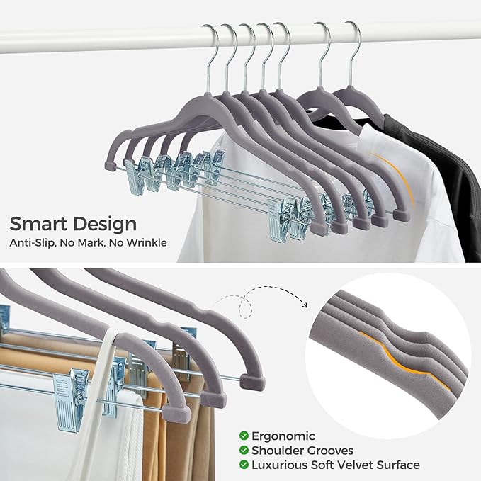 HOUSE DAY Velvet Hangers with Adjustable Clips 20 Pack, Non-Slip Suit Organizer with 360° Hook - Heavy Duty Hanger for Pants, Skirts, Blouses, Dresses - Outfit Hangers All-Season Space Saver (Grey)