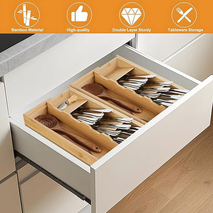 Bamboo Kitchen Drawer Organizer, Expandable Silverware Organizer, Utensil Holder, Cutlery Tray Spoon Flatware Storage with Drawer Dividers