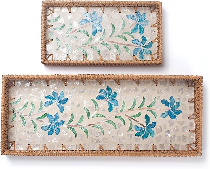 2 Pack Rattan Bathroom Vanity Tray with Mother of Pearl Inlay, Toilet Tank Tray, Toilet Basket Tank Topper, Bathroom Basket for Organizing and Decor (Narcissus)