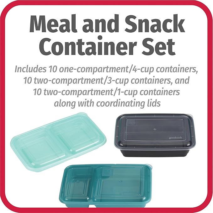 GoodCook Meal & Snack Prep Container Set, Includes Embossed Measurements & Color Coordinated Lids, Made Without BPA, 60-Piece Set
