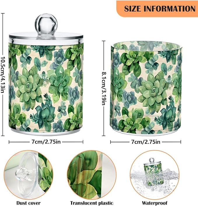 ALAZA 2pcs Flowers Boho Green Qtip Holder Dispenser 14 oz Bathroom Storage Clear Apothecary Jars Containers Cotton Ball,Cotton Rounds,Floss Picks, Hair Clips, Food