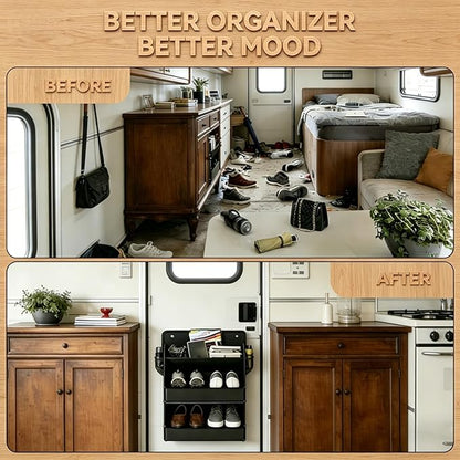 2 Pack RV Shoe Storage, Hanging Camper Shoe Storage with Sticky Adhesive Tape, Save Space Wall Mounted Shoe Rack with Large Deep Pockets for Camper, RV storage and Organization (Black)