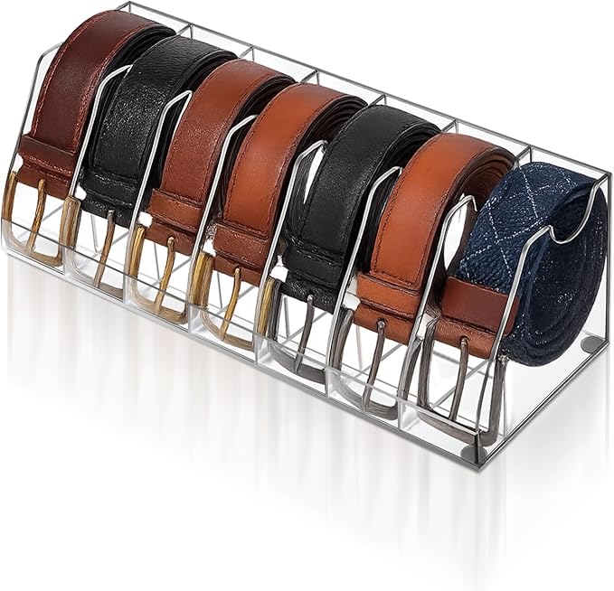 Belt Organizer – 7 Compartment Acrylic Storage Case with Anti-Slip Pads, Clear Display Holder for Belts, Ties & Accessories