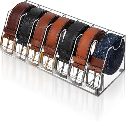 Belt Organizer – 7 Compartment Acrylic Storage Case with Anti-Slip Pads, Clear Display Holder for Belts, Ties & Accessories