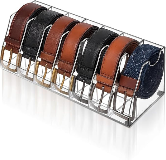 Belt Organizer – 7 Compartment Acrylic Storage Case with Anti-Slip Pads, Clear Display Holder for Belts, Ties & Accessories