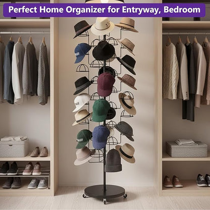 Metal Hats Display Rack with 30 Adjustable Hooks Floor Hat Rack Stand Hat Rack Display for Home Retail Store Hat Organizer Rack for Wig Cap(Black)
