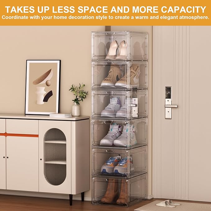 Shoe Box,Set of 6,Stackable Plastic Clear Shoe Box Organizer with Magnetic Door,Shoe Storage Box Thicken Sturdy,Easy Assembly,Fit up to US Size(Front opening door, Clear)