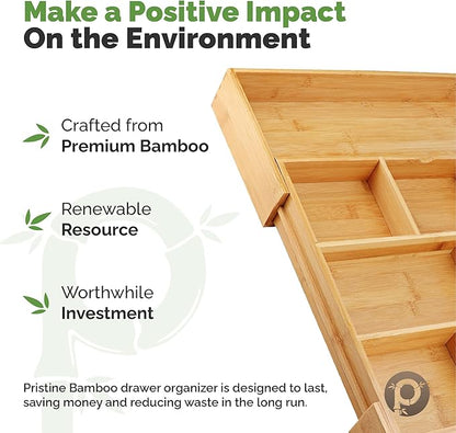 Pristine Bamboo Expandable Drawer Organizers for Kitchen - Extra Deep Non-Slip 17” x 14.6” (expands up to 25 inches) - Dark Wooden Silverware Divider (10 Compartments) – Organize Cooking Utensils