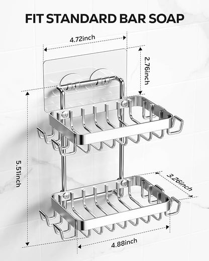Nieifi Adhesive 2 Tier Bar Soap Holder, Stainless Steel for Shower Wall, Soap Dish for Bathroom, Silver