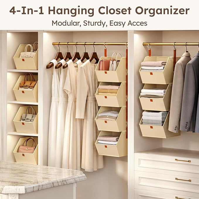 Homsorout Collapsible Hanging Closet Organizer - 3 Tier Closet Shelves Storage System with Hooks, Fabric Hanging Storage Bins for Clothes, Foldable Storage Basket for Laundry, Bedroom, Rv, Beige