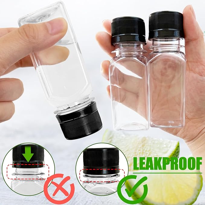 Qiuttnqn 50PCS 2oz Small Plastic Shot Bottles with Caps,Clear Empty Plastic Juice Bottles with 10 Funnels,Small Leak-Proof Juice Containers for Drink Milk Beer Coffee Liquid Beverages