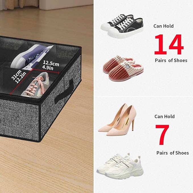 Onlyeasy 2 Pack Under Bed Shoes Storage Bag Organizer (14+4 Pairs), Collapsible Shoe Boot Container with Handles, Underbed Storage Solution for Kids & Adults, 86x60x15cm, Linen-like Black, MXAUBS14S4