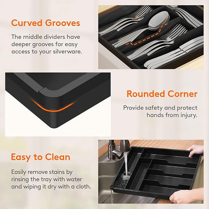 Lifewit Silverware Drawer Organizer Tray, Plastic Cutlery Storage for Kitchen, Flatware and Utensil Holder Divider for Spoons Forks Knives Tableware, 12.3 x 16", 6 Slots, Black