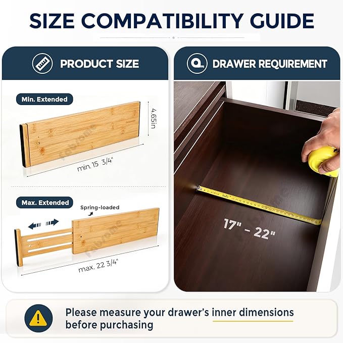 Fabsome Dresser Drawer Organizers 6 Pack, 4.65'' High Adjustable from 17-22‘’ Bamboo Drawer Dividers for Clothing Baby Clothes, Wooden Separators for Dresser Nursery Organization with Soft Foam Ends