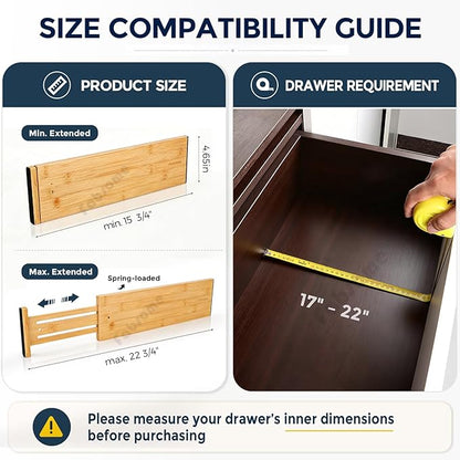 Fabsome Dresser Drawer Organizers 6 Pack, 4.65'' High Adjustable from 17-22‘’ Bamboo Drawer Dividers for Clothing Baby Clothes, Wooden Separators for Dresser Nursery Organization with Soft Foam Ends