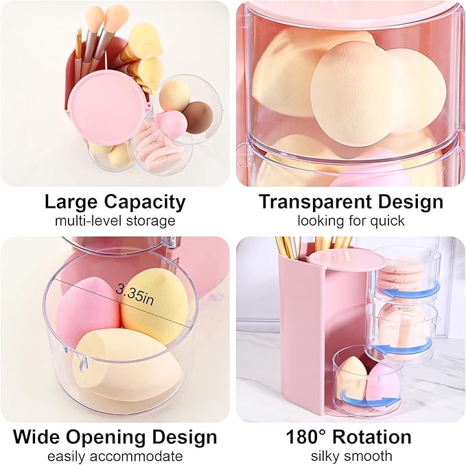 DASITON 3-Layer Makeup Brush Holder with Hair Accessories Organizer, Rotatable Desktop Organizer Case for Hair Clip, Makeup Sponge, Jewelry and Hair Accessories, Hair Brush Holder for Vanity (Pink)