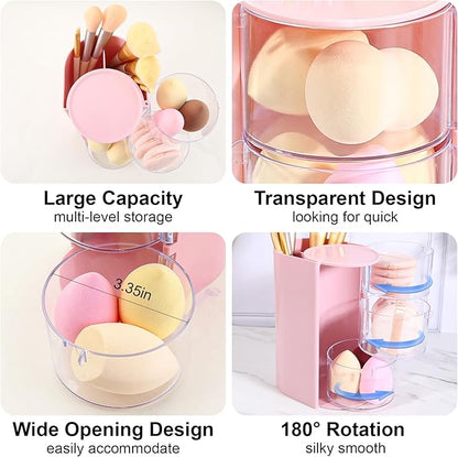 DASITON 3-Layer Makeup Brush Holder with Hair Accessories Organizer, Rotatable Desktop Organizer Case for Hair Clip, Makeup Sponge, Jewelry and Hair Accessories, Hair Brush Holder for Vanity (Pink)