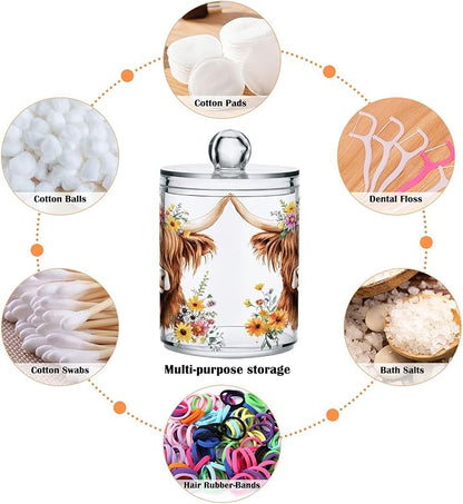 4 Pack Qtip Holder Dispenser Adorable Highland Cow Florals Cotton Ball Swab Round Pads Floss Clear Bathroom Storage Containers Plastic Apothecary Jars with Lids