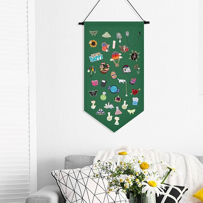 Kunyeah Wall Hanging Brooch Organizer Storage Case Colorful Canvas Pin Board Stand Enamel Pin Badge Hanging Holder Display Banner Earrings Collection Holder - Pins No Included (Green)