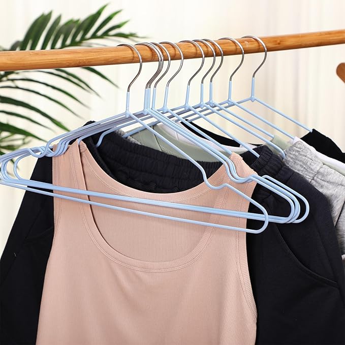 Wesiti 100 Pcs Metal Wire Non Slip Hangers for Clothes Space Saving Hanger Strong 15.7 in Triangle Clothes Coat Suit Bridal Boutique Dress for Closet Dorm Rack (Light Blue)