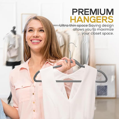 Techzoo Premium Velvet Hangers 50 Pack Ultra Thin Non Slip Adult Felt Space Saving Slim Suit Hanger for Closet Heavy Duty Coat Pants Jackets Dress Hangers 360° Swivel Hook Hold Upto 10 lbs Gray