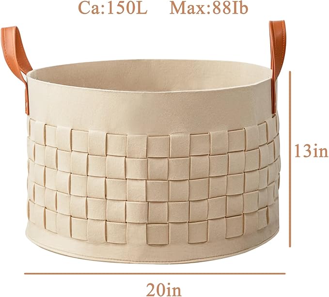 Blanket Basket, BOLDMONKEY 20"x 20"x13" XXLarge Woven Felt Laundry Baskets with Handle Nursery Storage Living Room Round for Toy, Clothes, Kids, Bedroom(Khaki)