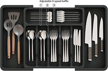 ABHENG Silverware Organizer, Expandable and Adjustable Kitchen Utensil Drawer Organizer, Plastic Cutlery Holder with Multiple Compartments, Cutlery Holder,for Spoons Forks Knives, Black, UAFD011B