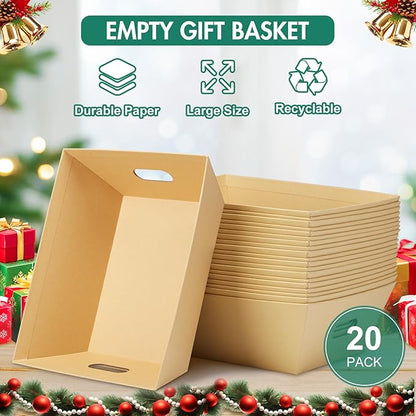 AFOROEOA 20PACK Baskets for Gifts Empty, 10x12”Thick Kraft Gift Basket with 20 Bows 20 Bags Empty Gift Baskets for Christmas, Valentine’s Day, Easter, Birthdays, Snacks, Farmers Market