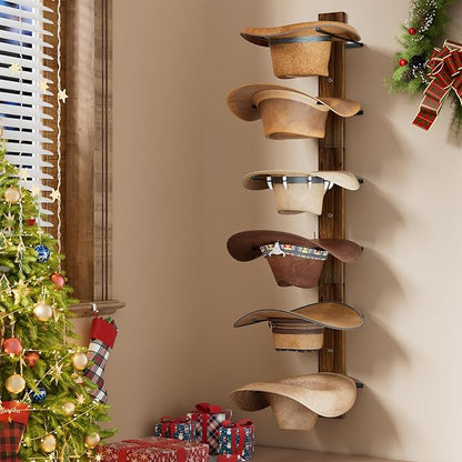 REFGY Cowboy Hat Rack for Wall, 6-Tier Solid Wood-Texture Western Hat Holder, Large Brim Hat Organizer for Wall Mount, Rustic Hat Hanger for Home Decor & Storage, Brown