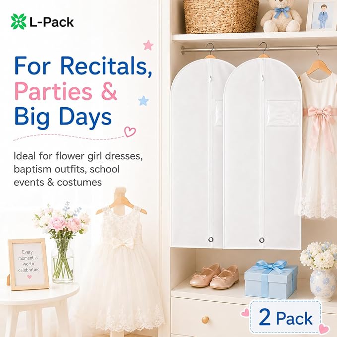 Kids Garment Bag 2 Pack for Hanging Clothes, Travel Garment Bags for Dresses, Dance Costumes & Suits, Breathable Clothes Cover for Baby Toddler Child,White, 30" x 18"