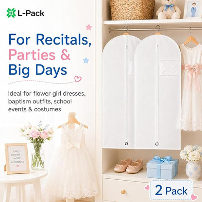 Kids Garment Bag 2 Pack for Hanging Clothes, Travel Garment Bags for Dresses, Dance Costumes & Suits, Breathable Clothes Cover for Baby Toddler Child,White, 30" x 18"