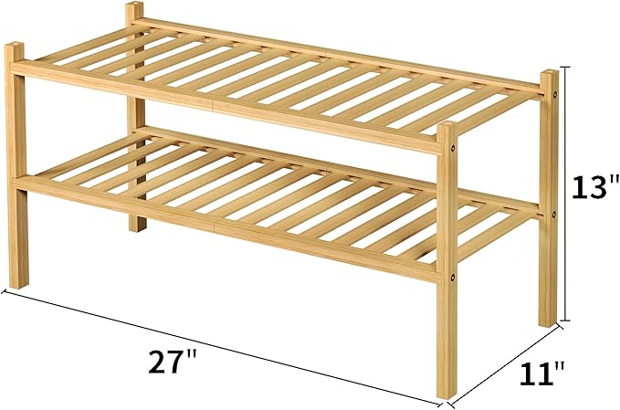 ROMGUAR CRAFT 2 Tier Bamboo Shoe Rack for Closet Free Standing Wood Shoe Shelf for Entryway Small Space Stackable 27"x11"x13" (Natural)