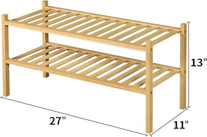 ROMGUAR CRAFT 2 Tier Bamboo Shoe Rack for Closet Free Standing Wood Shoe Shelf for Entryway Small Space Stackable 27"x11"x13" (Natural)