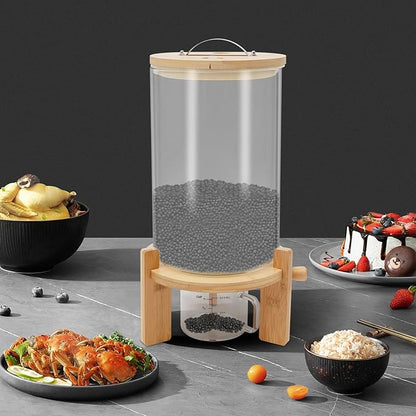 Rice Dispenser, 7.5L Glass Rice Container Cereal Container with Bamboo Stand Large Food Storage Container Flour Organization with Airtight Lid & Measuring Cup for Grain Legumes (7.5L)