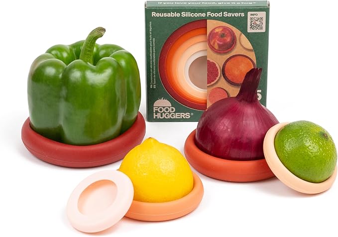 Food Huggers 5pc Reusable Silicone Food Savers | BPA Free | Plastic Free Food Storage | Dishwasher Safe | Fruit & Vegetable Produce Storage for Onion, Tomato, Lemon, Banana & Cans | Round, Terracotta