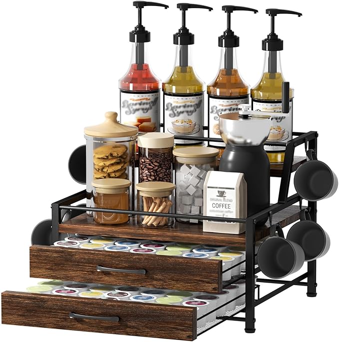 Homsorout Coffee Syrup Rack Organizer - 4-Tier 8 Syrup Wine Bottles Stand with 82 Storage Drawer for K Cups, Coffee Pod Holder for Countertop, Bar Station, Kitchen, Rustic Brown