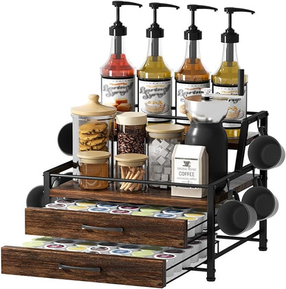 Homsorout Coffee Syrup Rack Organizer - 4-Tier 8 Syrup Wine Bottles Stand with 82 Storage Drawer for K Cups, Coffee Pod Holder for Countertop, Bar Station, Kitchen, Rustic Brown
