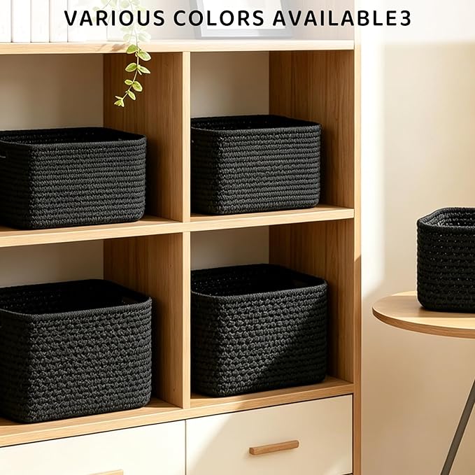 4 Pack Storage Baskets for Organizing, 12''Lx9''Wx8''H Woven Baskets for Storage Toys, Towels, Books, and Clothes, Cotton Rope Basket for Shelves with Handle White & Brown