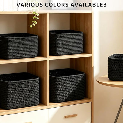 4 Pack Storage Baskets for Organizing, 12''Lx9''Wx8''H Woven Baskets for Storage Toys, Towels, Books, and Clothes, Cotton Rope Basket for Shelves with Handle White & Brown