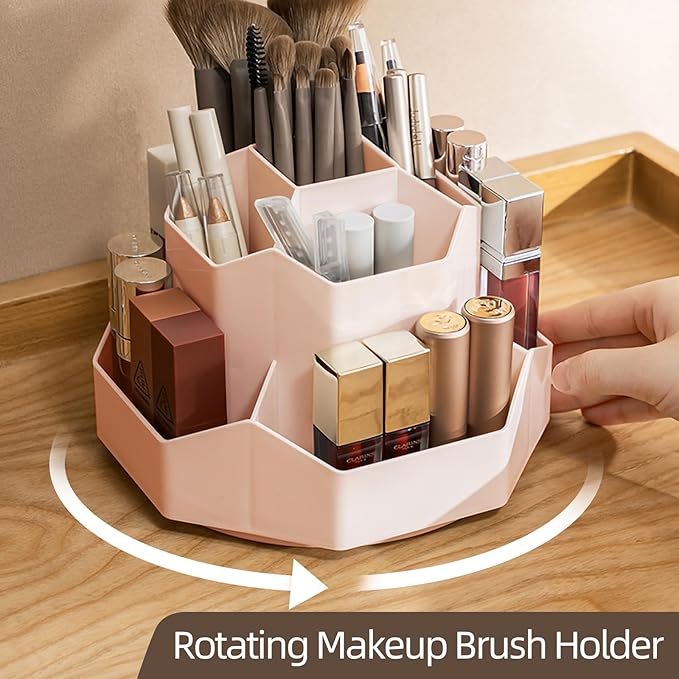 360° Rotating Pink Makeup Brush Holder Organizer with 9 Slots, Makeup Organizers Countertop, Makeup organization and Skincare Storage for Vanity, Desktop, Bathroom (PINK)