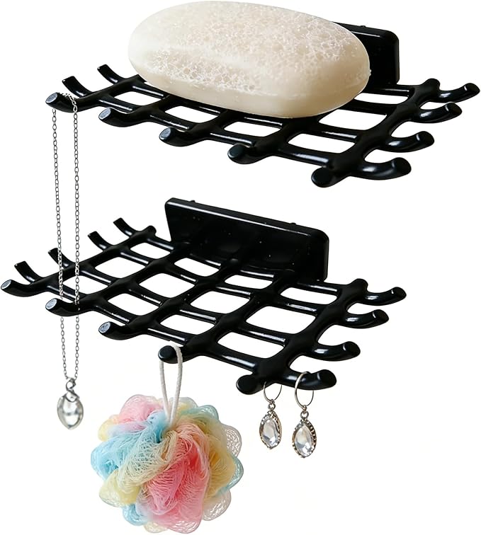2-Pack Adhesive Bar Soap Holder, No-Drill Wall Mounted Soap Dish for Shower, Self-Draining Soap Saver with Grid Design, Plastic Soap Rack for Bathroom, Kitchen (Black)