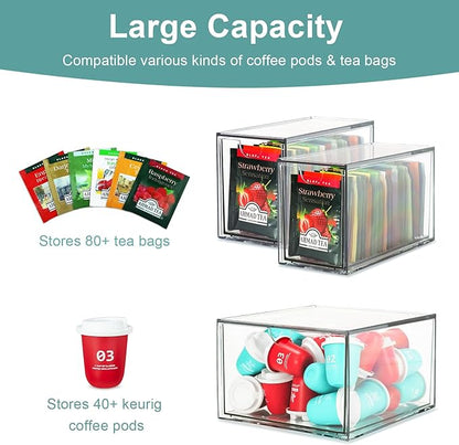 3 Tea and Coffee Organizer and Storage, Acrylic Tea Bag Holder Organizer, Plastic K Cup Drawer Container for Cabinet