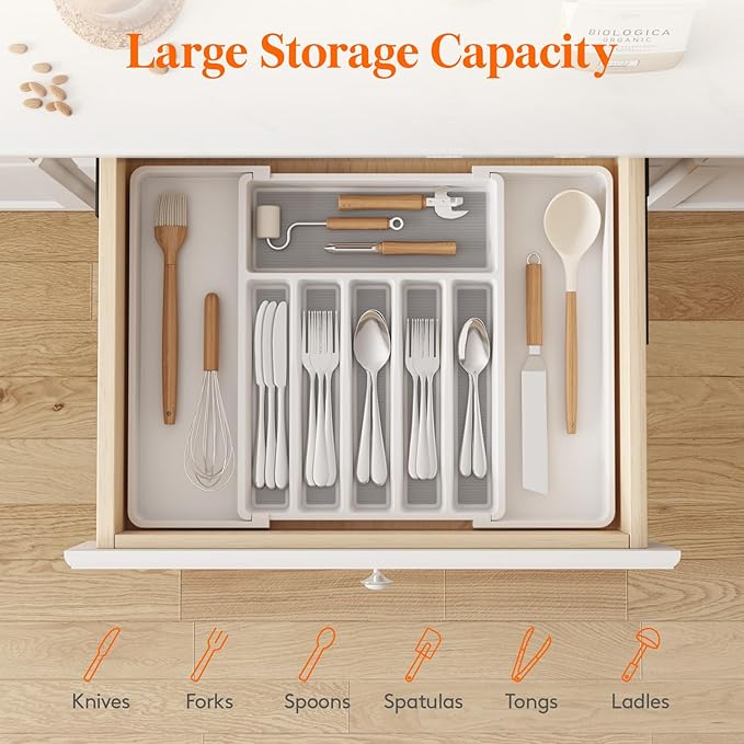 Lifewit Silverware Drawer Organizer, Expandable Utensil Tray for Kitchen, BPA Free Flatware and Cutlery Holder, Adjustable Plastic Storage for Spoons Forks Knives, 33 -57 x 42cm, White and Gray